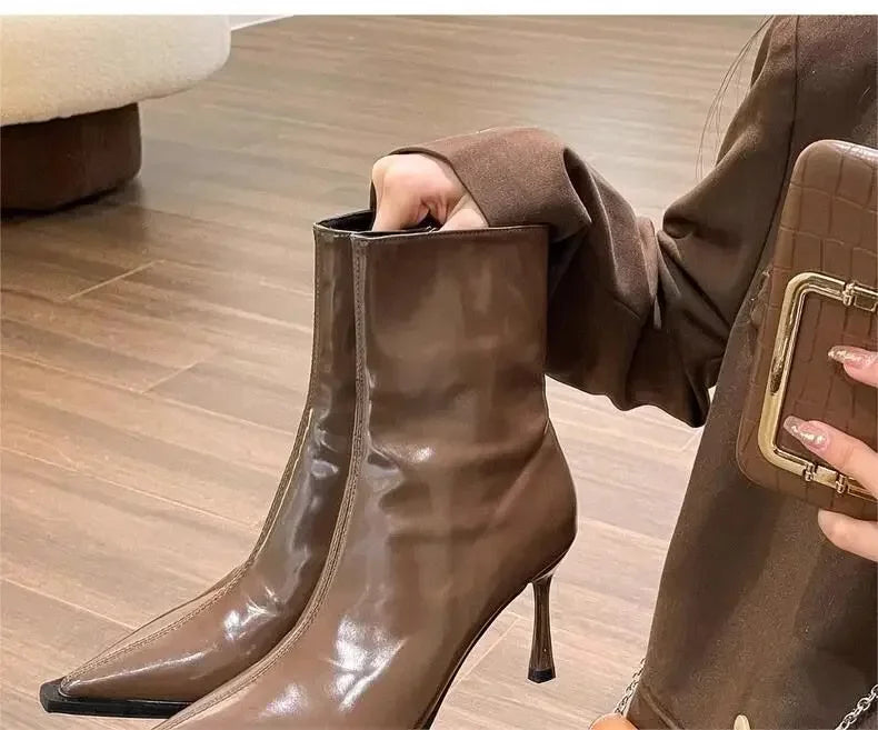 Ankle Boots Vintage Autumn New Fashion High Heels Women's Sexy Pointed Toe patent leather skinny boots Women Brown Short Booties