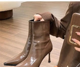 Ankle Boots Vintage Autumn New Fashion High Heels Women's Sexy Pointed Toe patent leather skinny boots Women Brown Short Booties