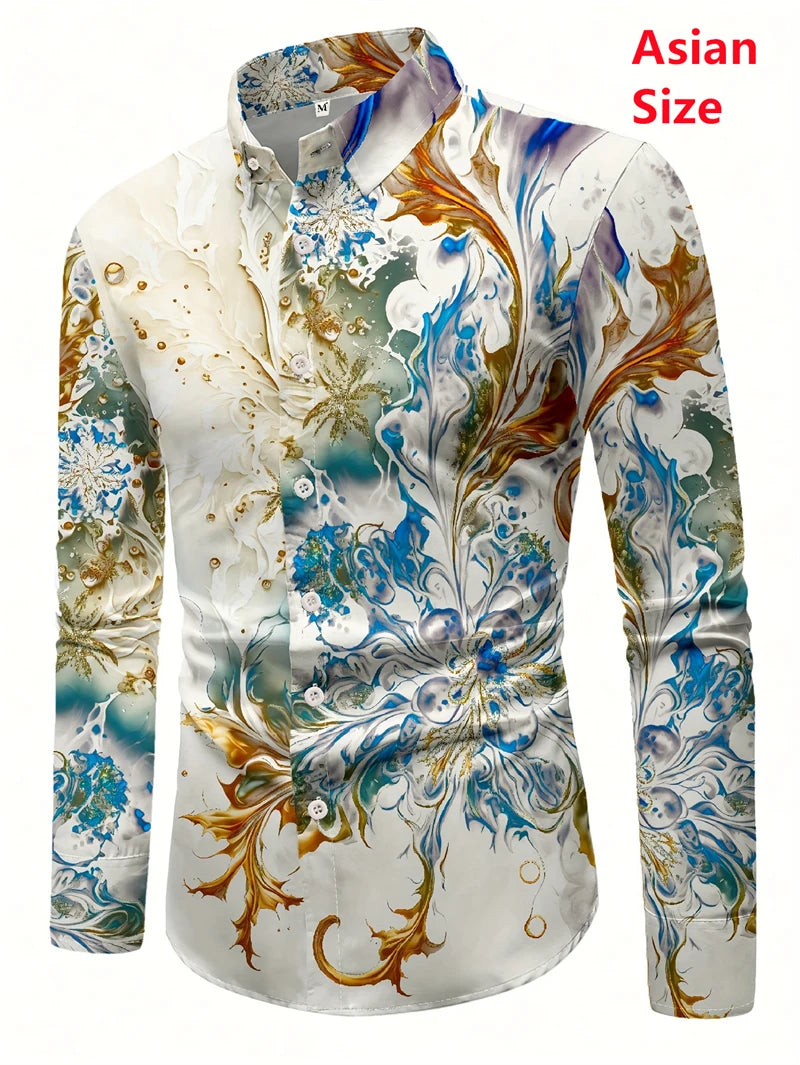 2025 Spring Mens Shirts Fashion Retro Street Texture Printed Shirts Men's Long-sleeved Lapel Shirt Shirt Top Office Clothing