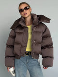 Winter Hooded Jacket Short Top Cropped Drawstring Waist Coat Woman Long Sleeve Warm Quilted Out Jackets Streetwear Lady Clothes