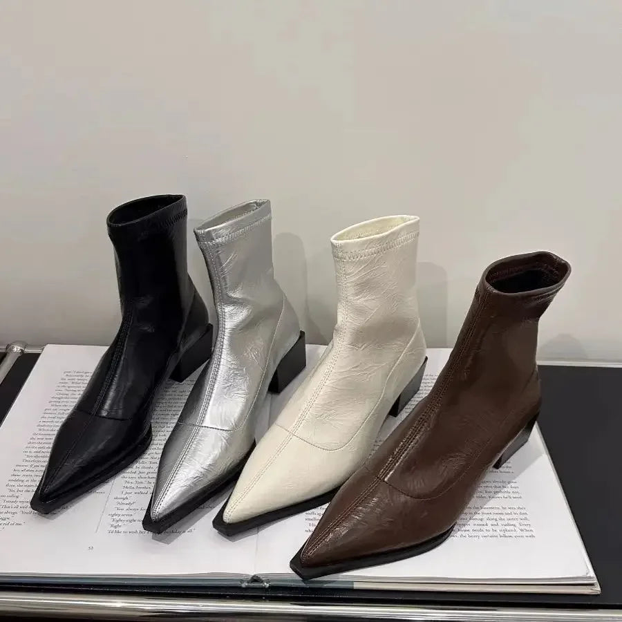 Pointed Toe Women Slim Ankle Boots Fashion Square Low Heel Ladies Elegant Back Zippers Short Booties Women's Footwear