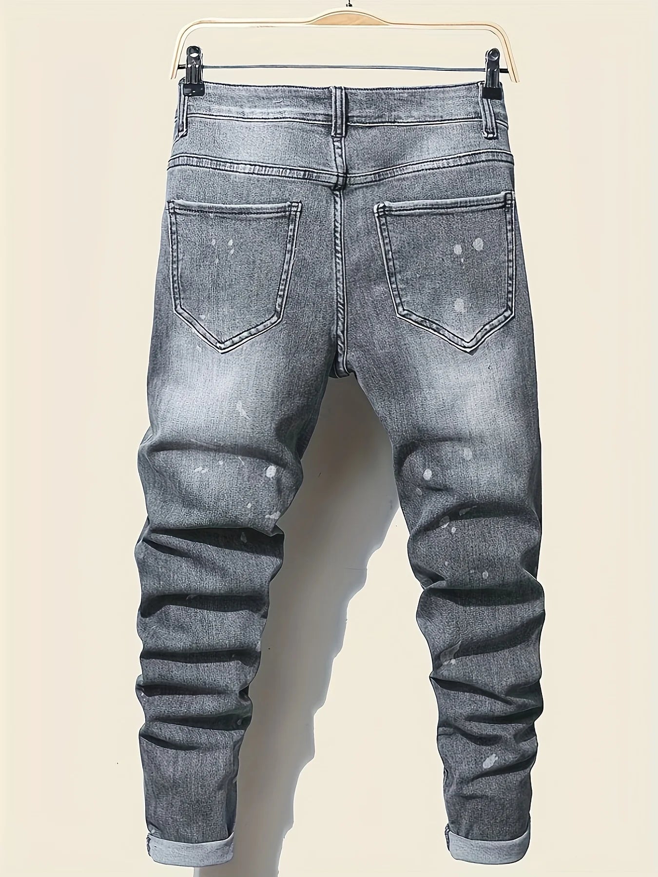 Men's jeans with splatter graffiti, ripped patches, distressed wash, slim fit, slimming, versatile casual long pants