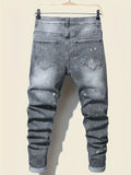Men's jeans with splatter graffiti, ripped patches, distressed wash, slim fit, slimming, versatile casual long pants