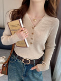 2026 Casual Slim Button Knitted Pullover Autumn Winter Women Sweaters Sweater Femme Basic Solid Jersey Tops Fashion Clothes
