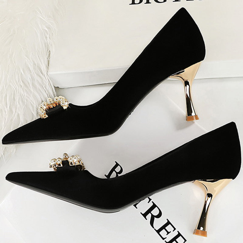 Luxury Women 7cm High Heels Wedding Replica Pumps Lady Luxury Designer Metal Chain Buckle High Heels Stiletto Women Dress Shoes