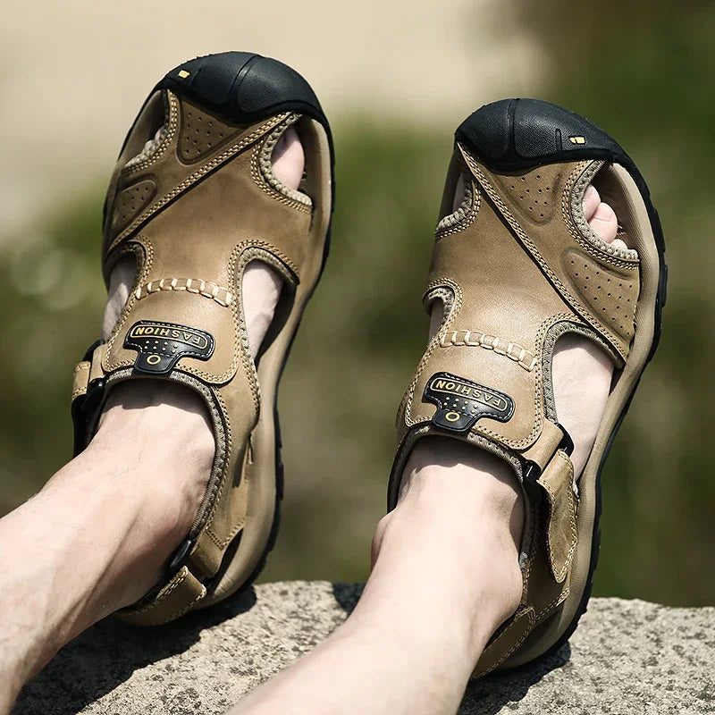 Summer Sandals Leather Outdoor Men's Beach Shoes Luxury Breathable Casual Sandal Man Wading Shoes Non-slip Wide lining Slippers