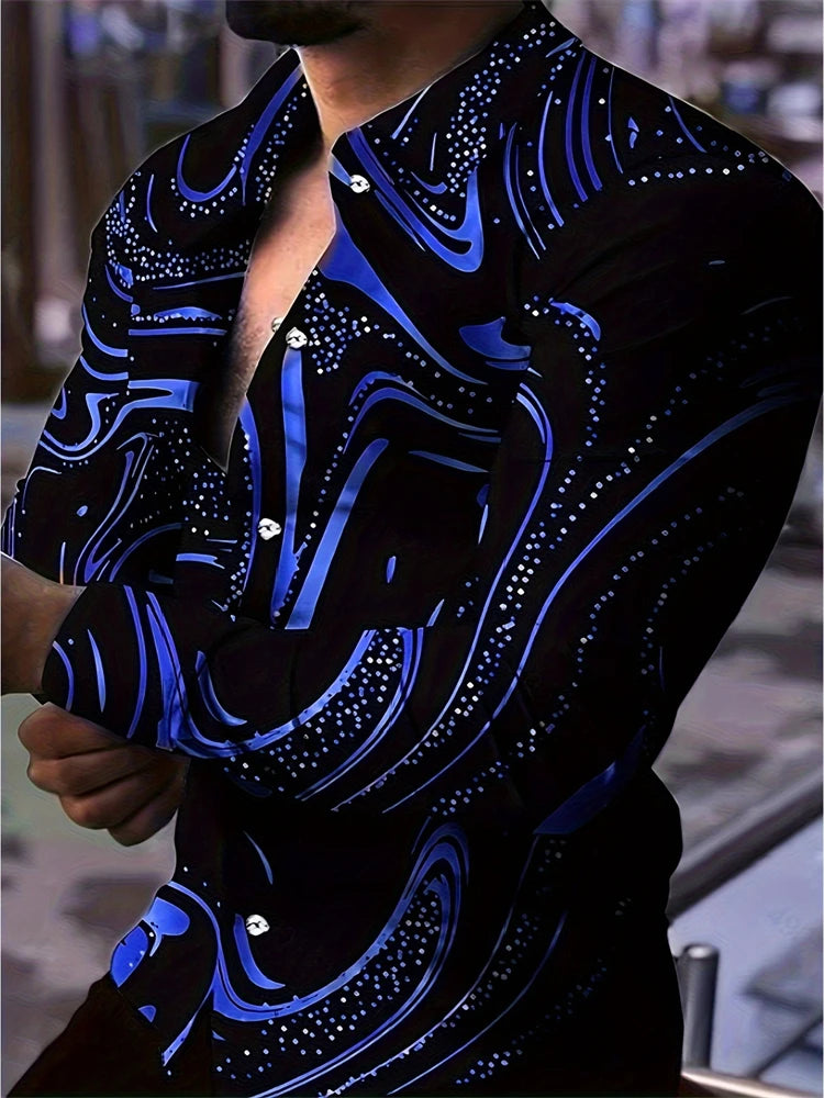 2025 Spring Men's Shirts Fashion Retro Street Texture Printed Shirts Men's Long-sleeved Lapel Shirt Shirt Top Office Clothing