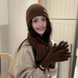 Solid Color Touch Screen Gloves Women Korean Autumn Winter Warm Knitted Three-piece Set Scarves Gloves Hat Women's Glove Sets