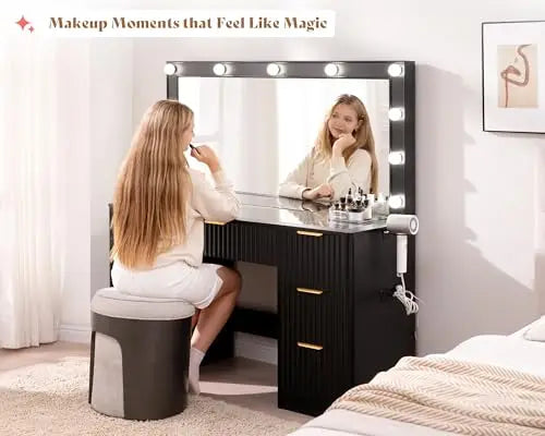 47.2" Fluted Vanity Desk with Large Mirror and Lights, Black | 7 Drawers Large Black Makeup Vanity Table with Glass Top