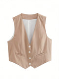 HH Women Casual V-Neck Sleeveless Waistcoat Elegant Fashion Solid Single-breasted Short Vest Chic Tops Female Summer Outerwear