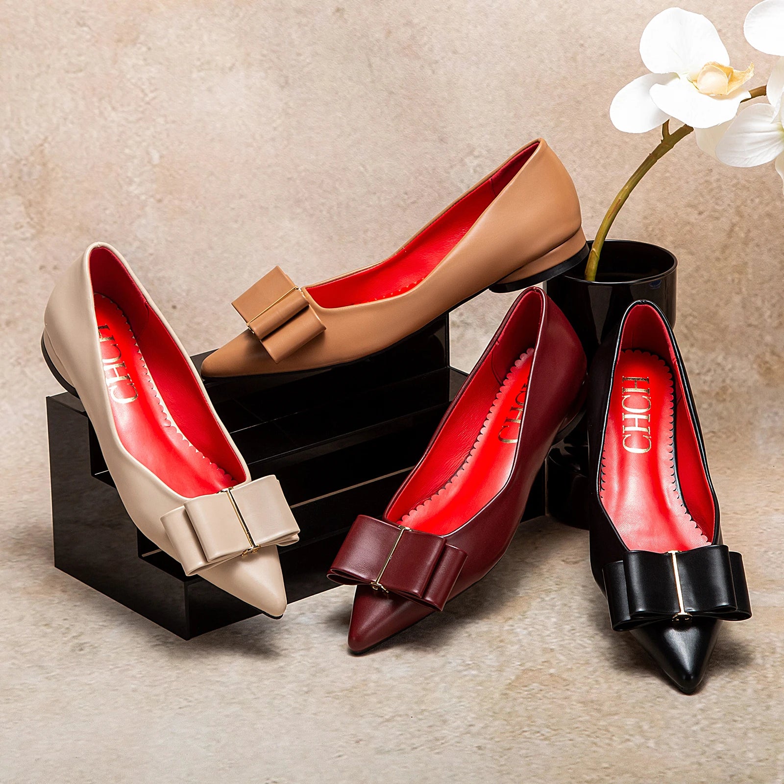 CHCH Women's Flat Shoes New Black Pointed Bow Business Shoes Comfortable Commuting Women's Shoes