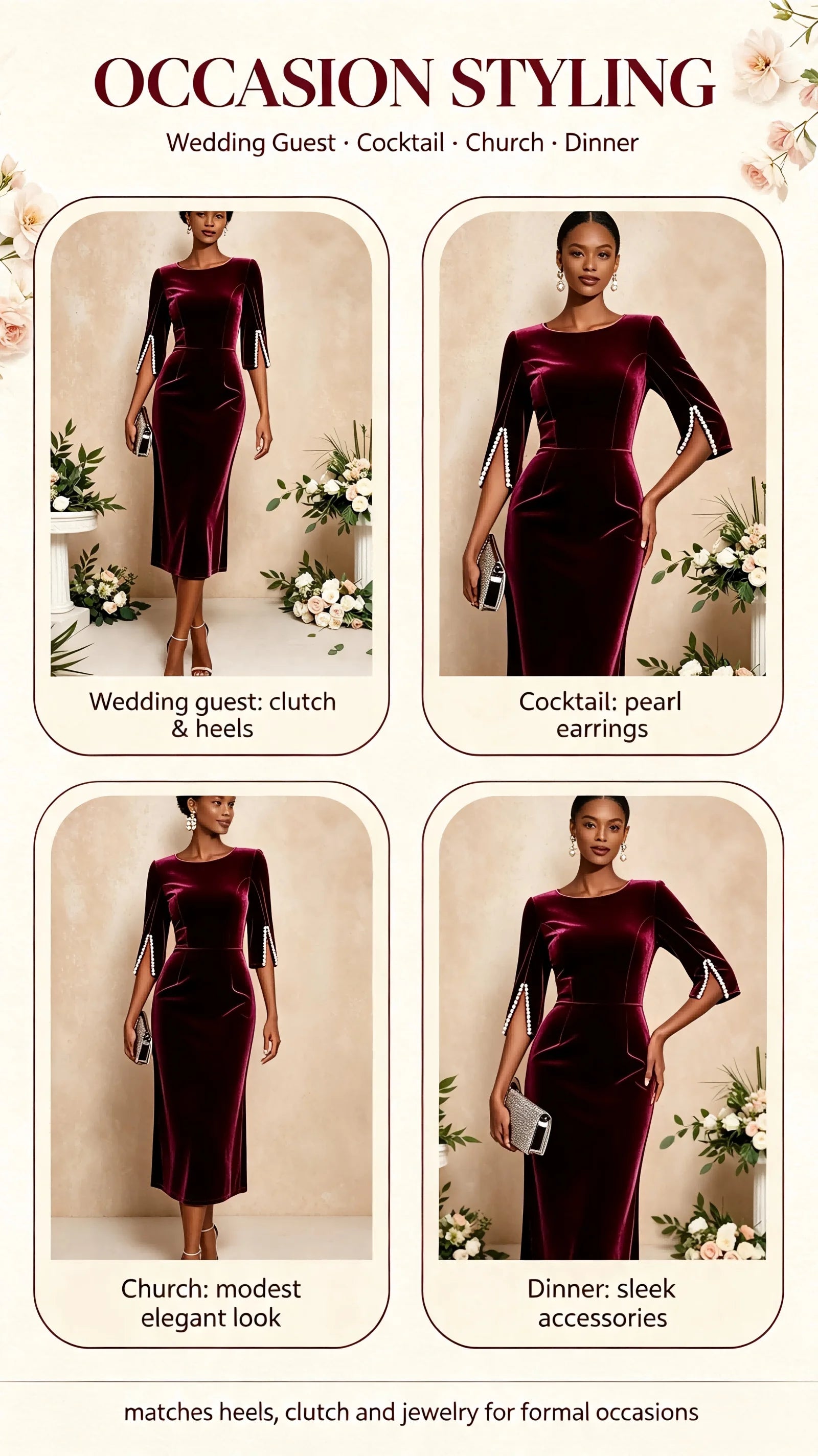 Women Burgundy Velvet Midi Dress Round Neck Pearl Split 3/4 Sleeve Bodycon Pencil Dress Elegant Wedding Guest Evening Party Formal Dresses