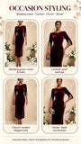 Women Burgundy Velvet Midi Dress Round Neck Pearl Split 3/4 Sleeve Bodycon Pencil Dress Elegant Wedding Guest Evening Party Formal Dresses