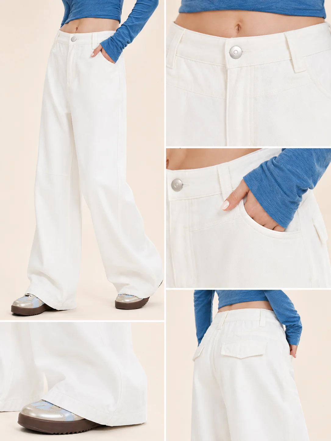Women's White Wide Leg Jeans, High Waist Loose Baggy Denim Pants Casual Solid Color Full Length Palazzo Trousers with Pockets for Daily Street Shopping