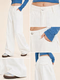 Women's White Wide Leg Jeans, High Waist Loose Baggy Denim Pants Casual Solid Color Full Length Palazzo Trousers with Pockets for Daily Street Shopping