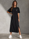 Smiley Letter Print Side Split Loose Oversized Women T‑Shirt Maxi Dress, Crew Neck Short Sleeve Casual Long Tee Dress, Soft Loungewear Nightgown, Streetwear Sundress for Daily Home Party Vacation Travel Shopping Casual Occa