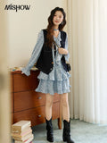 MISHOW Floral Dress for Women Cotton 2026 Spring Blue Luxury V-neck Ruffled Puff Sleeve Dress Party Midi Dress Woman MXE46L2517