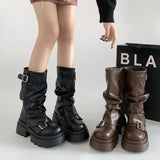 Shoes for Women 2024 Mid-Calf Women's Boots Platform Modern Boots Women Belt Buckle Square Toe Side Zip Square Heel Shoes Female