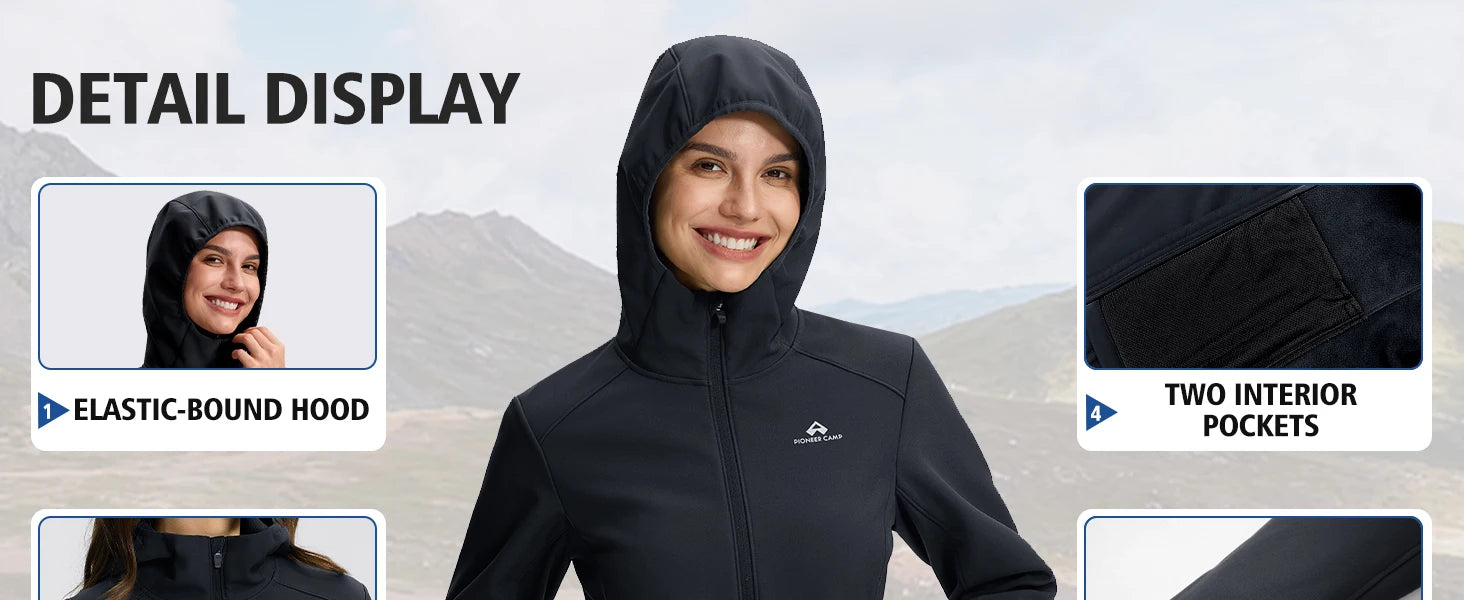 Pioneer Camp Women's Softshell Jacket Fleece Lined with Hood 30k Waterproof Lightweight Warm Windbreaker for Outdoor Hiking