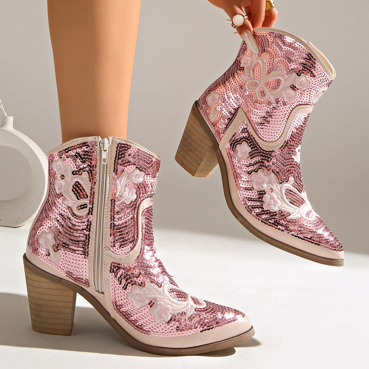 Women Pointed Toe Sequins Embroidery Western Cowboy Ankle Boots, Side Zipper Block Heel Autumn Y2K Fashion Short Heeled Booties