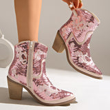 Women Pointed Toe Sequins Embroidery Western Cowboy Ankle Boots, Side Zipper Block Heel Autumn Y2K Fashion Short Heeled Booties