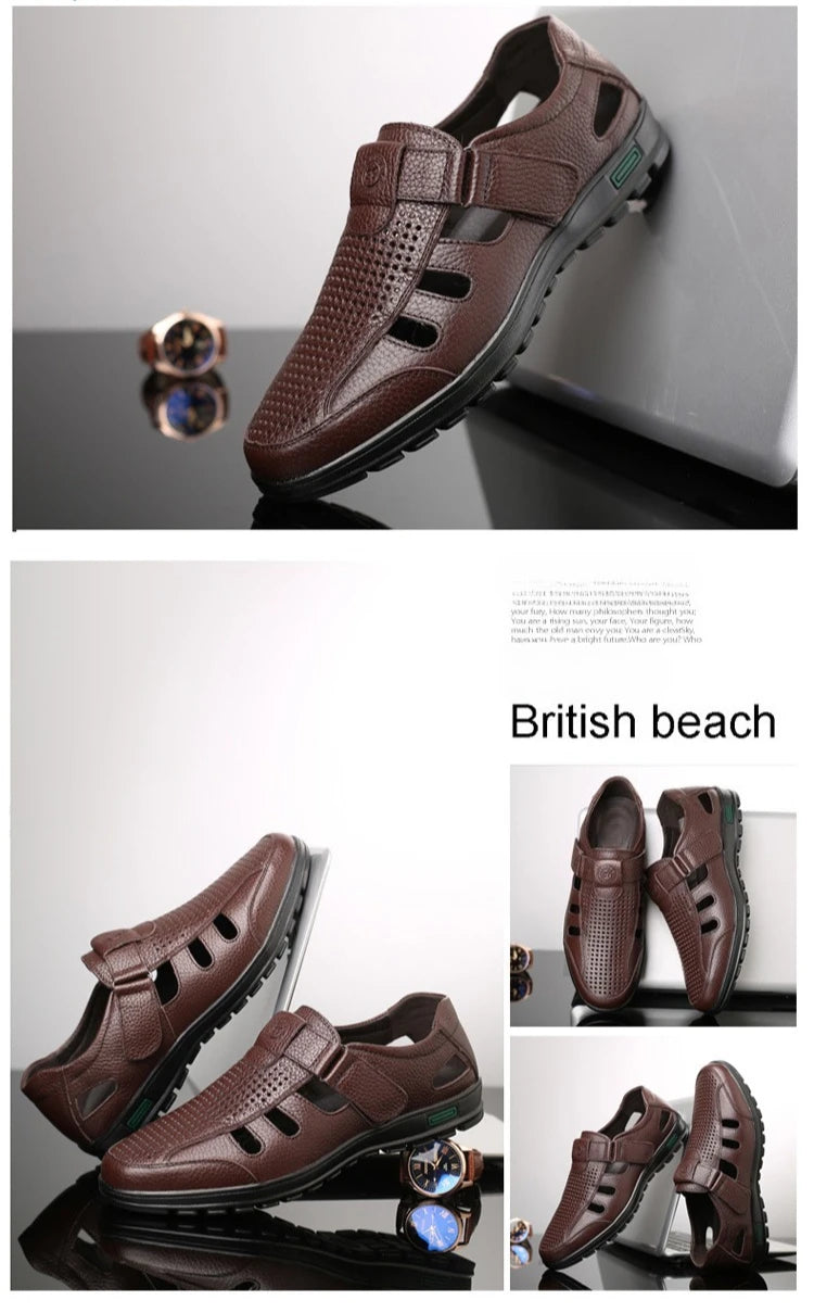 Men's Genuine Leather Sandals Men Summer Hollow Breathable Leather Shoes Mens Casual Soft Comfortable Flats EU Sizes 38-48