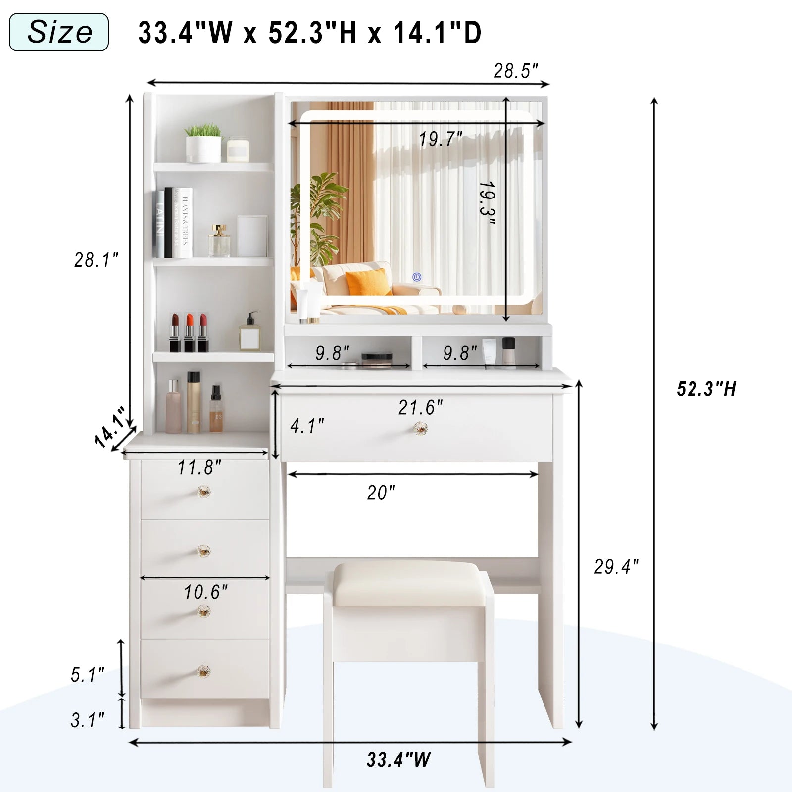 Vanity Desk Makeup Vanity Desk with Mirror and Lights, Makeup Vanity Set with Drawers, Stool and Open Shelves, 3 Color Lighting Modes Brightness Adjustable Dressing Table for Bedroom