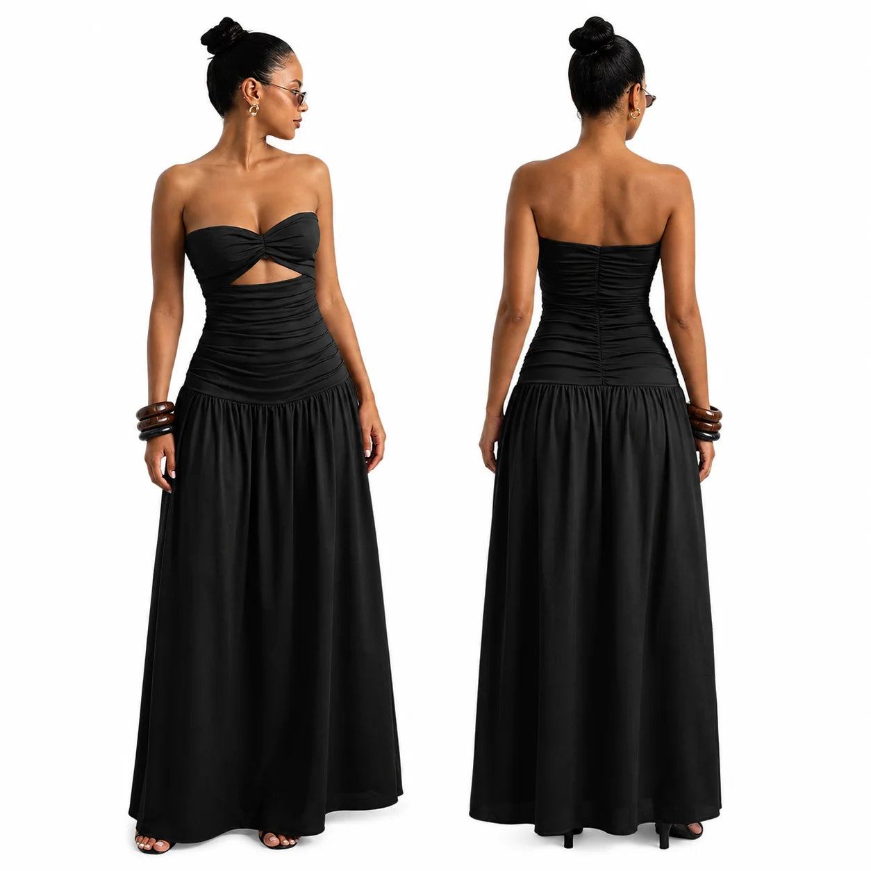 Women Strapless Twist Cutout Maxi Dress Ruched Waist Flowy A Line Long Tube Top Dress Summer Beach Vacation Casual Sundress