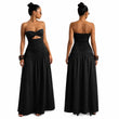 Women Strapless Twist Cutout Maxi Dress Ruched Waist Flowy A Line Long Tube Top Dress Summer Beach Vacation Casual Sundress