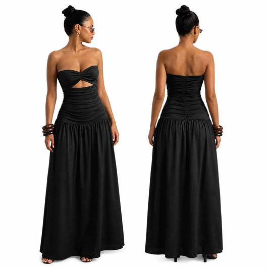 Women Strapless Twist Cutout Maxi Dress Ruched Waist Flowy A Line Long Tube Top Dress Summer Beach Vacation Casual Sundress