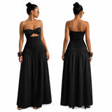 Women Strapless Twist Cutout Maxi Dress Ruched Waist Flowy A Line Long Tube Top Dress Summer Beach Vacation Casual Sundress