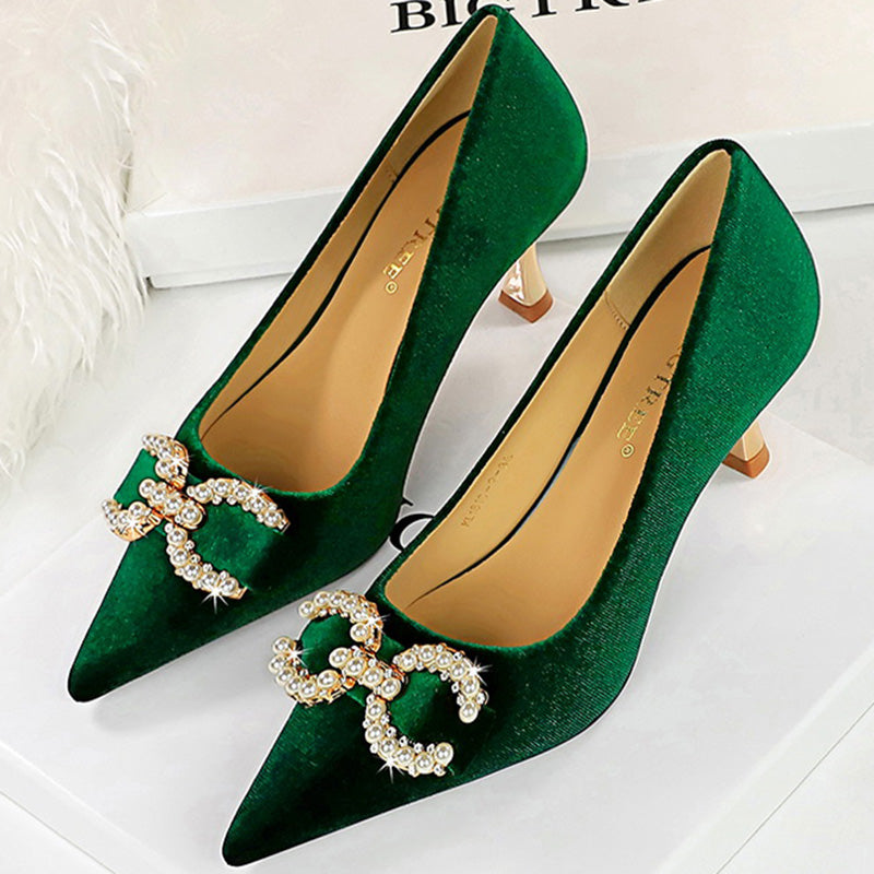 Luxury Women 7cm High Heels Wedding Replica Pumps Lady Luxury Designer Metal Chain Buckle High Heels Stiletto Women Dress Shoes