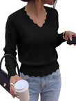 Lightweight Knit Sweaters Top For Women Daily Wear Scallop Edges V Neck Pullover Tops Autumn And Winter Long Sleeved