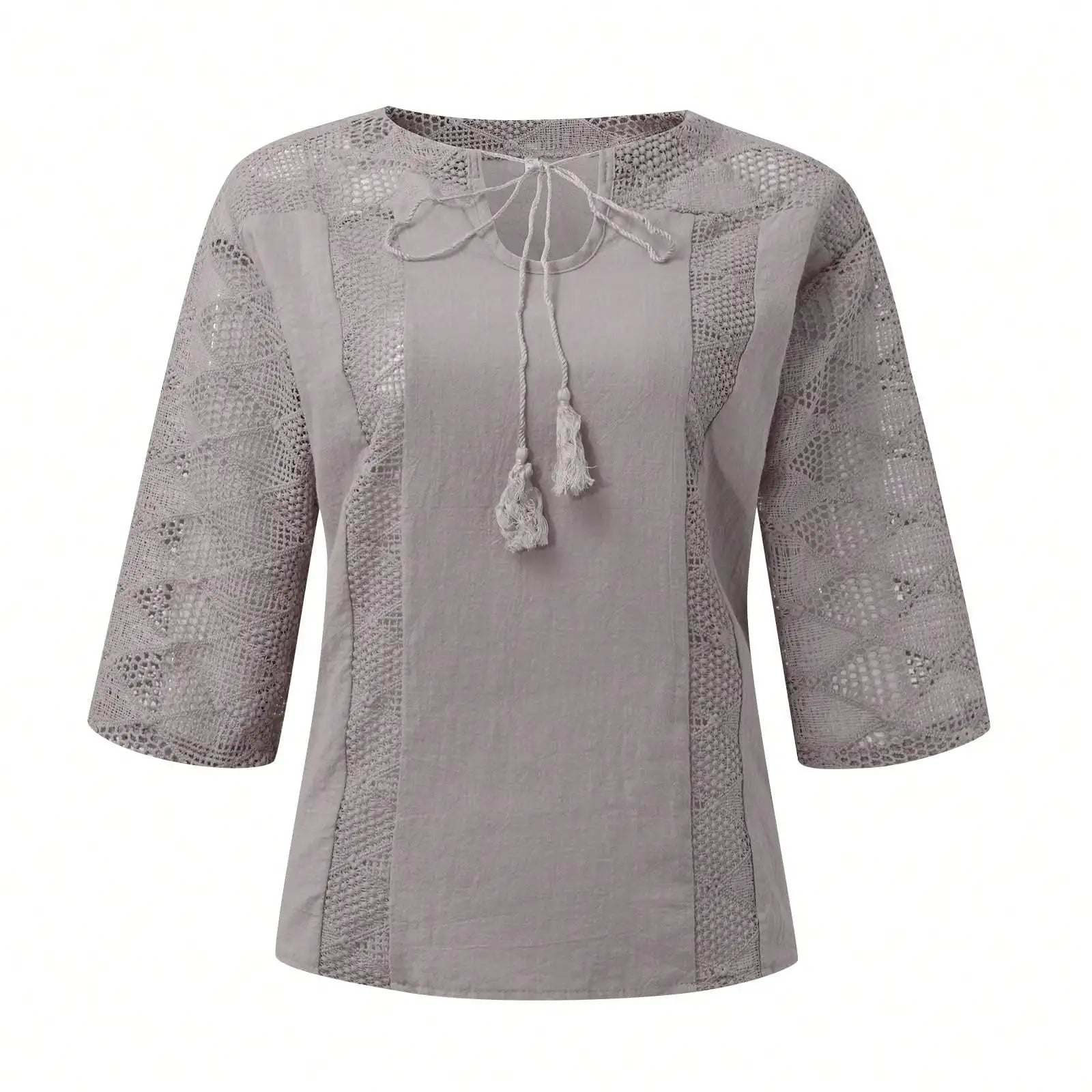 Women's Summer Cotton Shirt, Solid Color Casual Hollow U-Neck 3/4 Sleeve Lace Shirt, Women's Solid Color Lace Stitched Short-Sleeve T-Shirt, Loose Shirt, Women's Top, Short-Sleeve Loose Fit