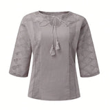 Women's Summer Cotton Shirt, Solid Color Casual Hollow U-Neck 3/4 Sleeve Lace Shirt, Women's Solid Color Lace Stitched Short-Sleeve T-Shirt, Loose Shirt, Women's Top, Short-Sleeve Loose Fit