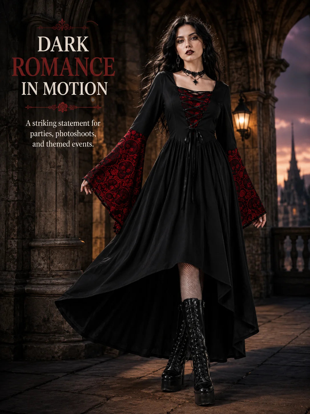 Women Gothic Medieval Dress Skull Lace Bell Long Sleeve Lace Up Front High Low Midi Dress Vintage Renaissance Witch Costume Halloween Cosplay Party Dress