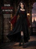Women Gothic Medieval Dress Skull Lace Bell Long Sleeve Lace Up Front High Low Midi Dress Vintage Renaissance Witch Costume Halloween Cosplay Party Dress