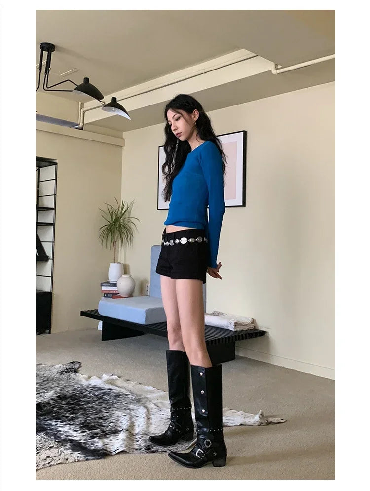 Woman Black Punk Knee High Platform Low Heel Trend Punk Gothic New Rock Leather Fashion Women Chunky Knight Motorcycle Footwear