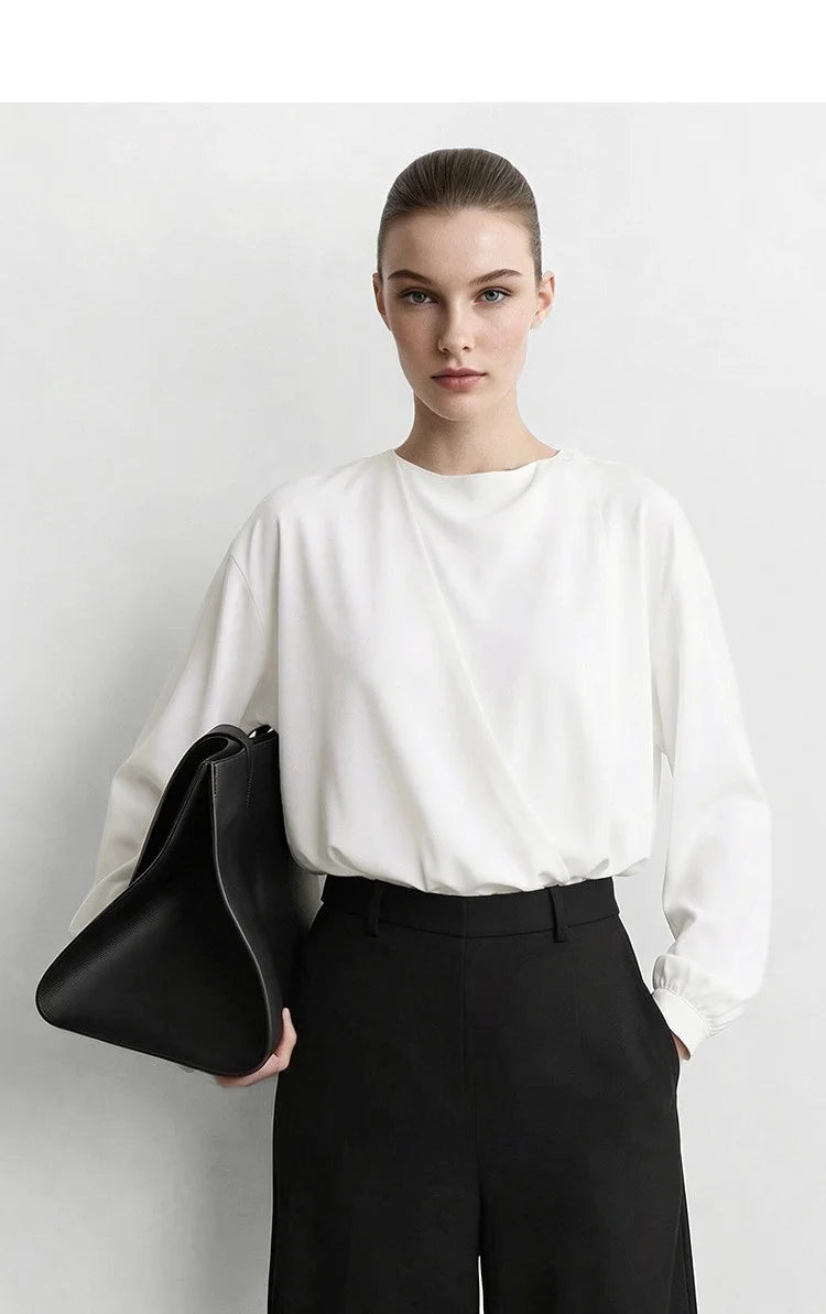 Amii 2026 Autumn Women Blouse Reversible V Neck Wrap Cowl Neck Long Sleeve Chiffon Blouses Woman Loose Casual Shirts 12643013