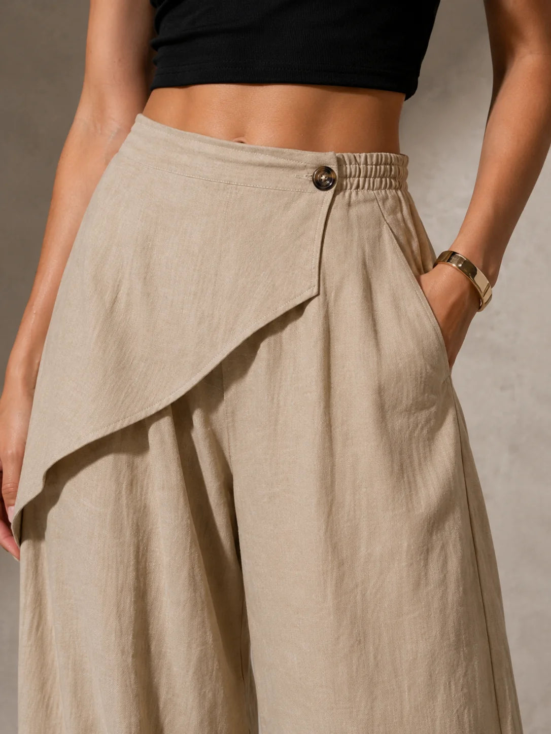 Women Wrap Front Linen Wide Leg Pants, High Waist Elastic Back Waist Culottes with Pockets, Casual Loose Fit Trousers for Summer Beach Daily Streetwear