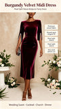 Women Burgundy Velvet Midi Dress Round Neck Pearl Split 3/4 Sleeve Bodycon Pencil Dress Elegant Wedding Guest Evening Party Formal Dresses