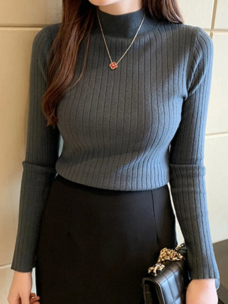 2026 New Autumn Winter Knitted Ribbed Jumper Tops Women Turtleneck Pullovers Sweaters Long Sleeve Korean Slim-fit Female Sweater