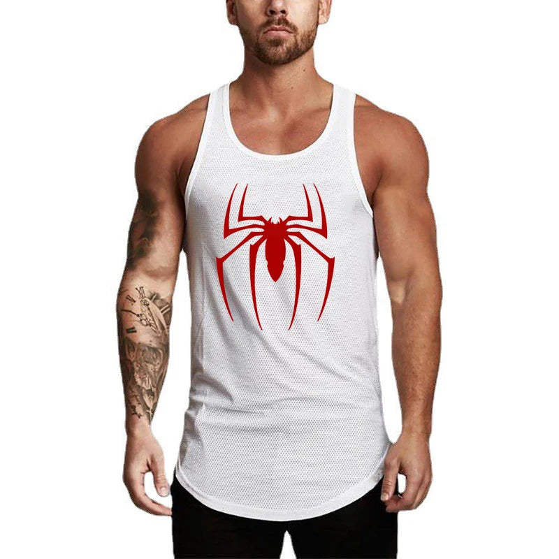 Gym Bodybuilding Summer Absorb Sweat Shirts Mesh Breathable Quick Dry Sleeveless Vests Mens Workout Fitness Red Spider Tank Tops