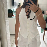 MUJER Off Shoulder Sleeveless Vest Women Black White Cropped Vest Woman Fashion Backless V Neck Short Coats Summer Waistcoat