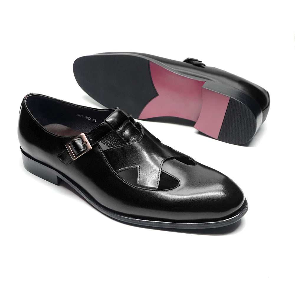 Genuine Leather Mens Classic Summer Dress Sandals Buckle Strap Black Brown Closed Toe Business Party Casual Formal Shoes for Men
