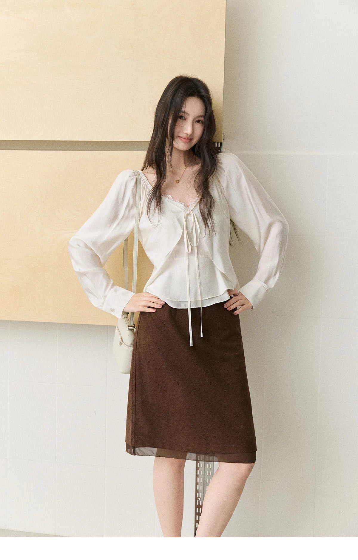 MISHOW Women's French Lace Trim Blouse 2026 Autumn V‑Neck Tie Front Loose solid blouses Babydoll Style Casual Tops MXF43X2783