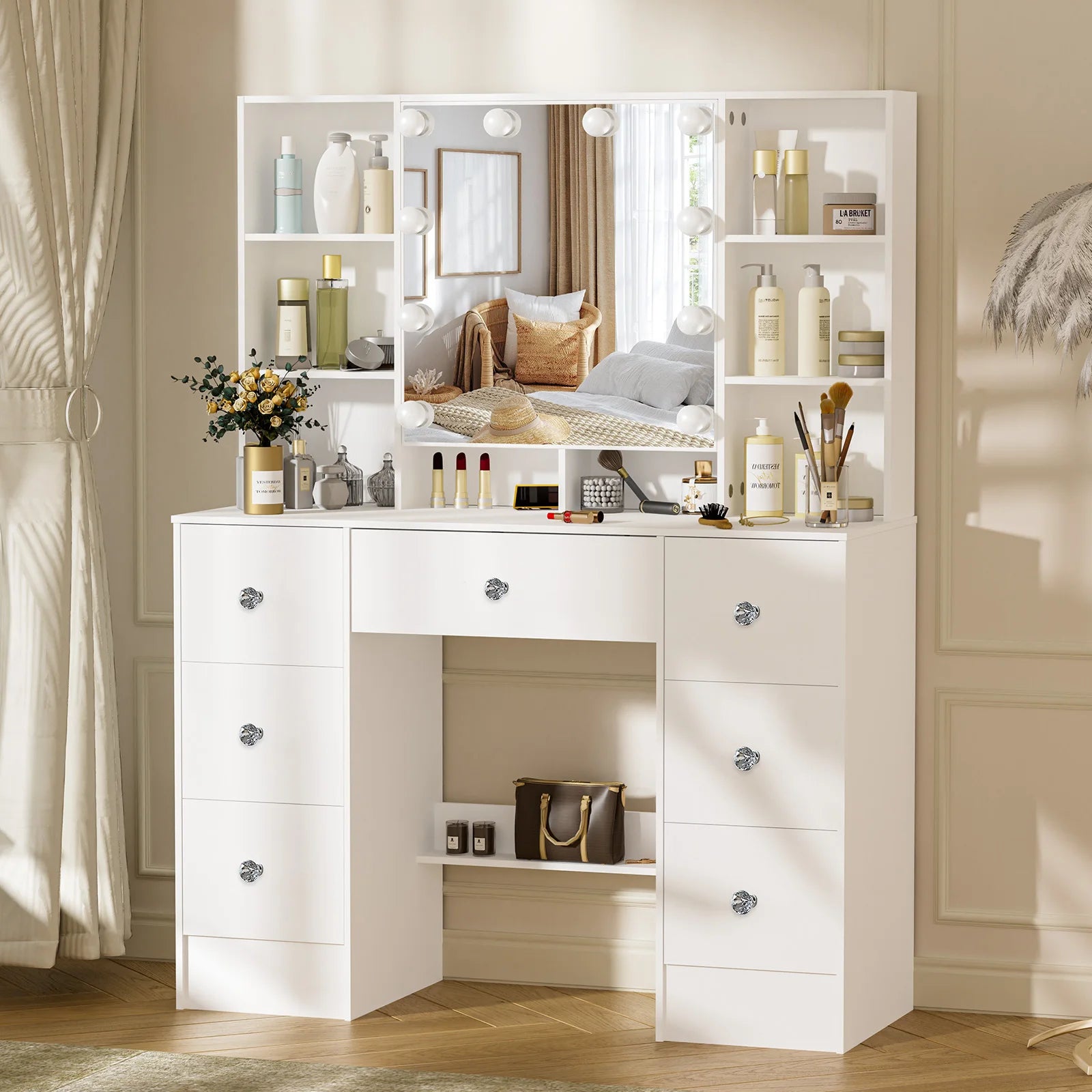 Teousev 7 Drawers Vanity Dressing Table with 10 Dimmable LED Lights, Large HD Mirror Modern Makeup Desk with Ample Storage
