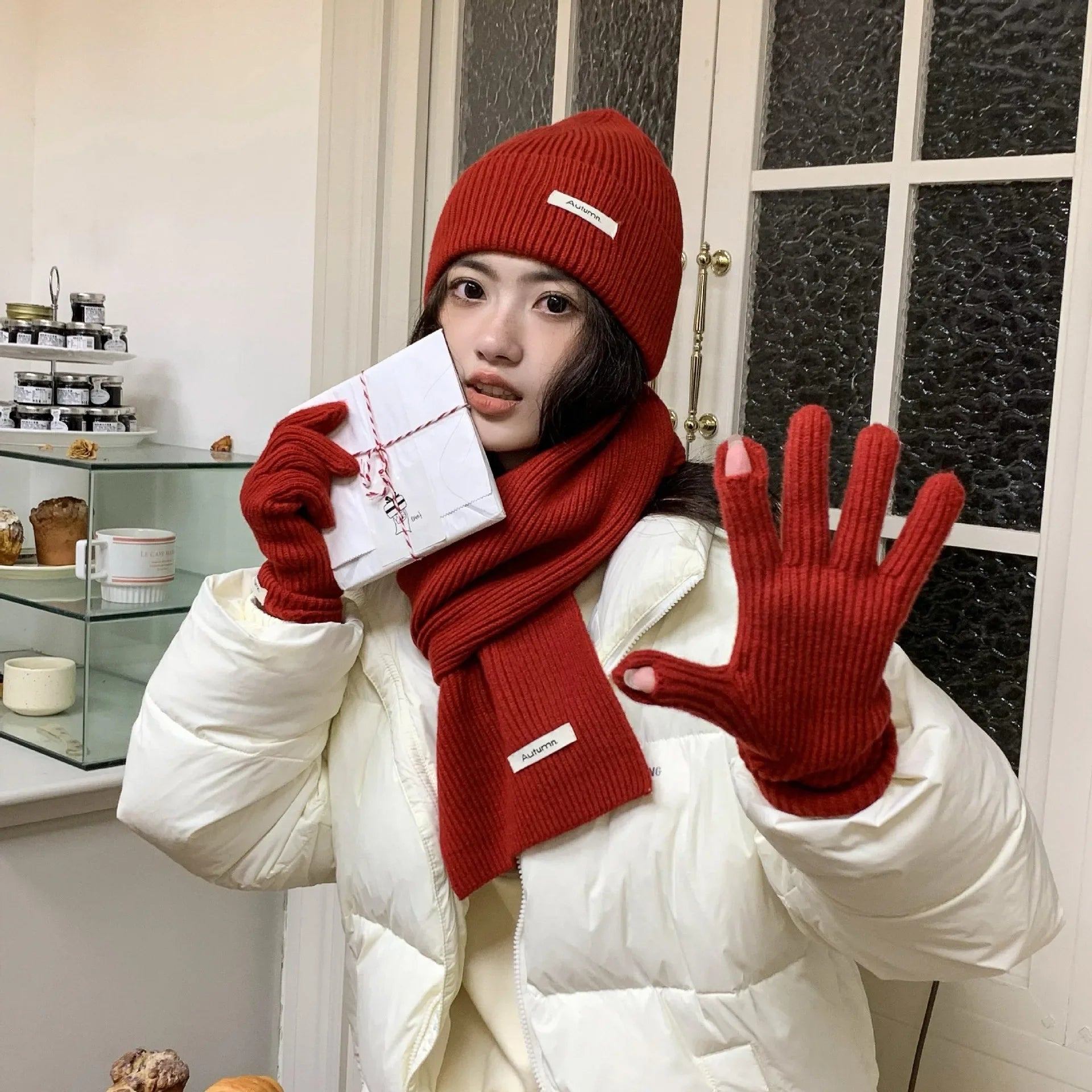 Solid Color Touch Screen Gloves Women Korean Autumn Winter Warm Knitted Three-piece Set Scarves Gloves Hat Women's Glove Sets