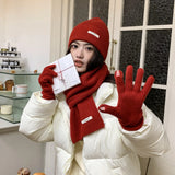 Solid Color Touch Screen Gloves Women Korean Autumn Winter Warm Knitted Three-piece Set Scarves Gloves Hat Women's Glove Sets