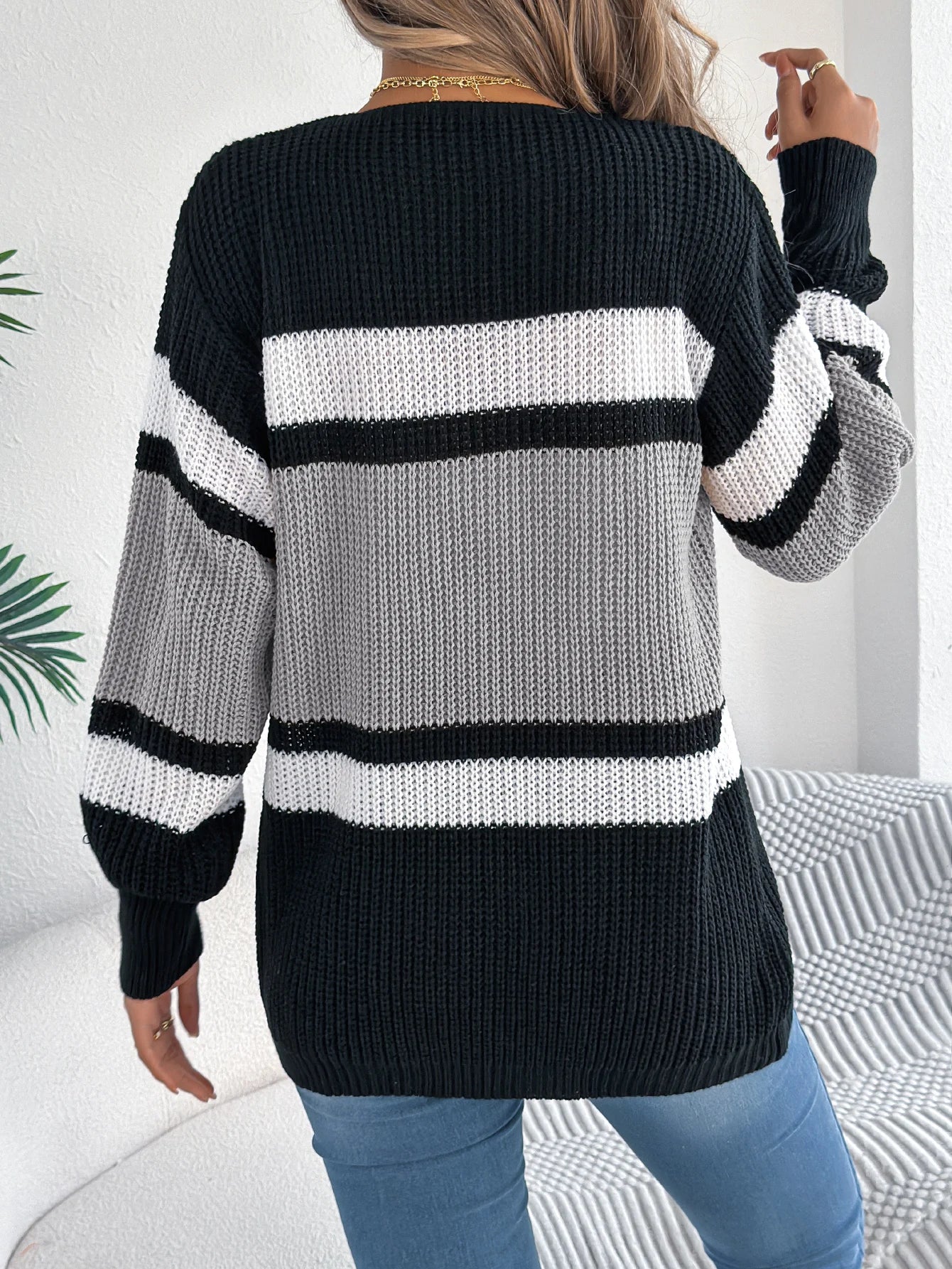 Women's Color Block Striped Cardigan Sweaters 2026 Autumn Winter Casual Lantern Long Sleeve Knitted Coats Fashion Woman Outwear